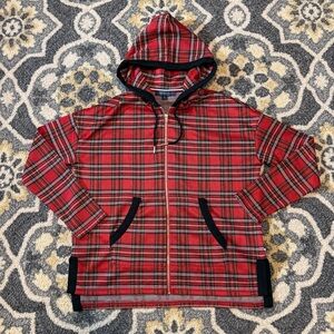 TOMMY HILFIGER Red Tartan Plaid Zip-Up Hoodie Jacket | Size S